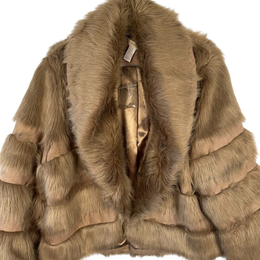 New Chico's Tan Faux Fur Suede 3/4 Sleeve Cropped Coat Sz Large Party Holiday - Picture 2 of 8